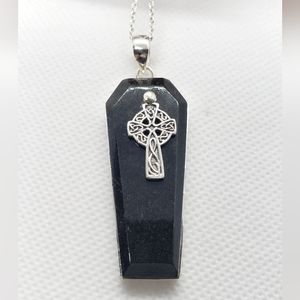 Black Onyx Coffin w/ Celtic Cross - 925 Sterling Silver Pendant Necklace